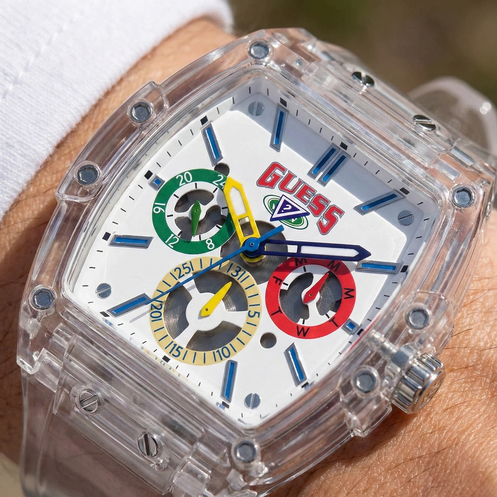 Guess Originals Phoenix V1051M1 Clear Transparent Case White Dial Multicolor Watch