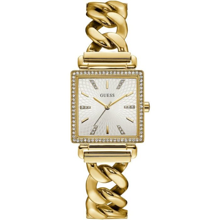 ساعة يد نسائية Guess Vanity W1030L2 بإطار مربع ذهبي وكريستال