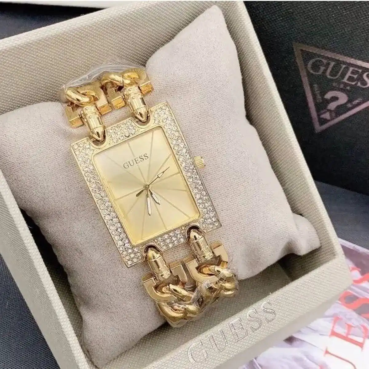 Guess W0072L1 Gold Rectangular Case Chain Bracelet Crystal Bezel Women's Watch