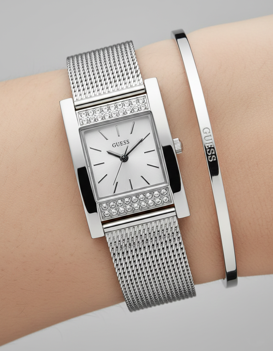 Guess W0127L1 Nouveau Silver Rectangular Case Crystal Mesh Women's Watch