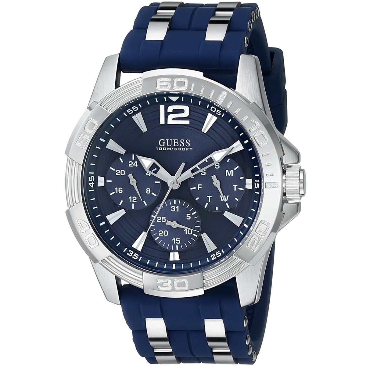 Guess Oasis W0366G2 Men's Silver & Blue Rubber Strap Watch