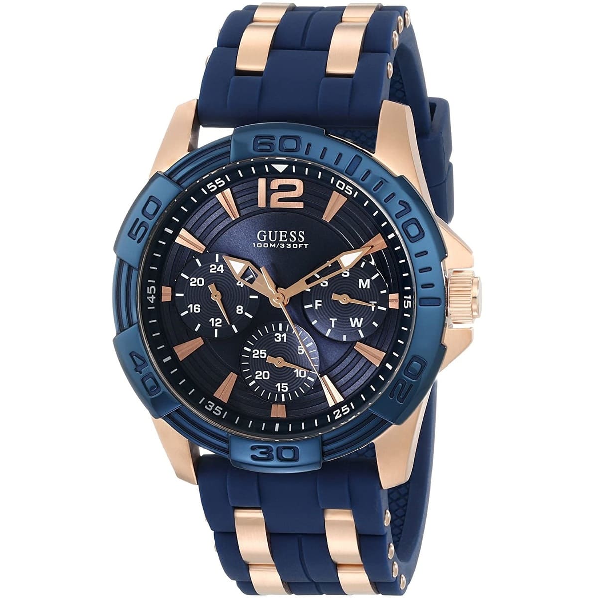Guess Oasis W0366G4 Men's Rose Gold & Blue Rubber Strap Watch