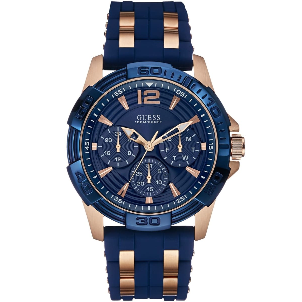 Guess Oasis W0366G4 Men's Rose Gold & Blue Rubber Strap Watch