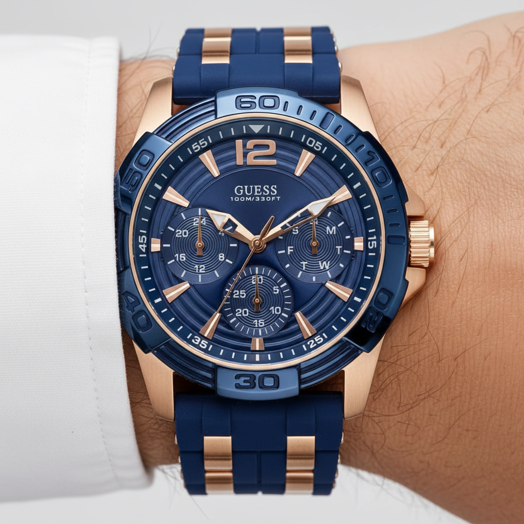 Guess Oasis W0366G4 Men's Rose Gold & Blue Rubber Strap Watch