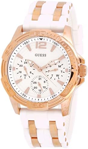 ساعة يد نسائية من Guess طراز W0615L1 بحزام مطاطي أبيض وذهبي وردي