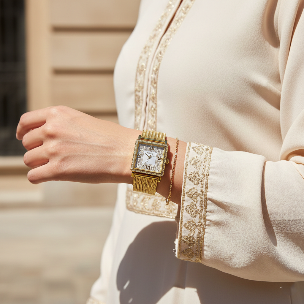 Guess Highline W0826L2 Gold Mesh Square Crystal Ladies Watch