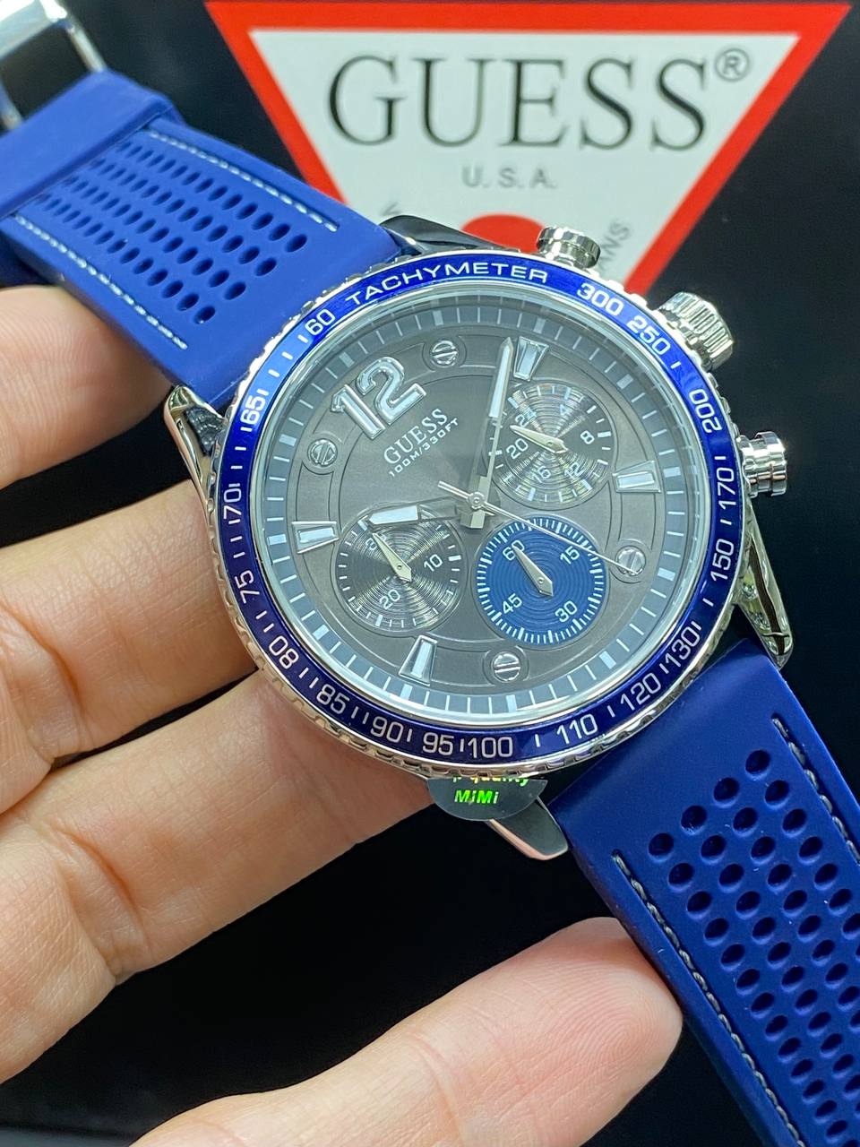 Guess Fleet W0971G2 Silver Case Blue Bezel Rubber Chronograph Watch