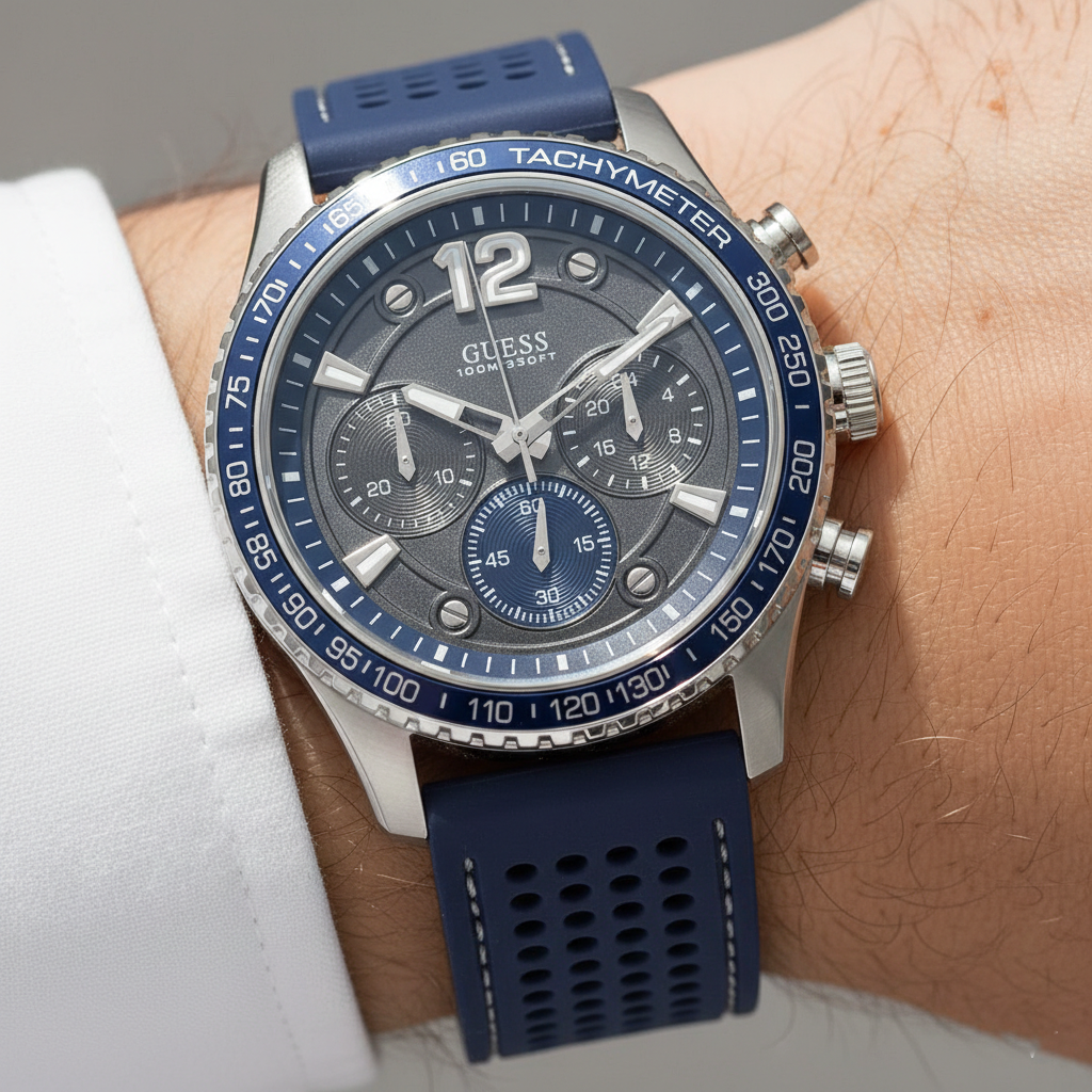 Guess Fleet W0971G2 Silver Case Blue Bezel Rubber Chronograph Watch