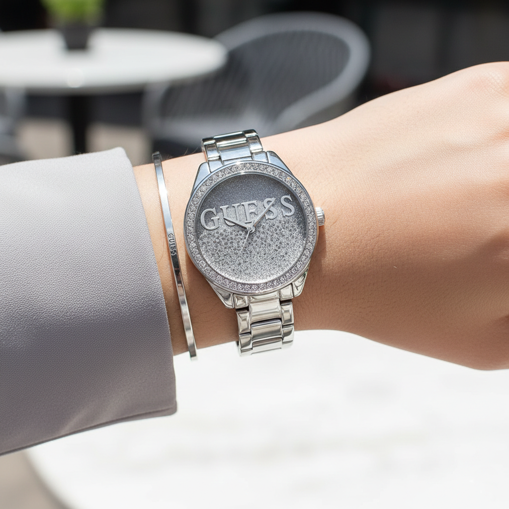 Guess Glitter Girl W0987L1 Silver Case Glitz Logo Dial Steel Women's Watch