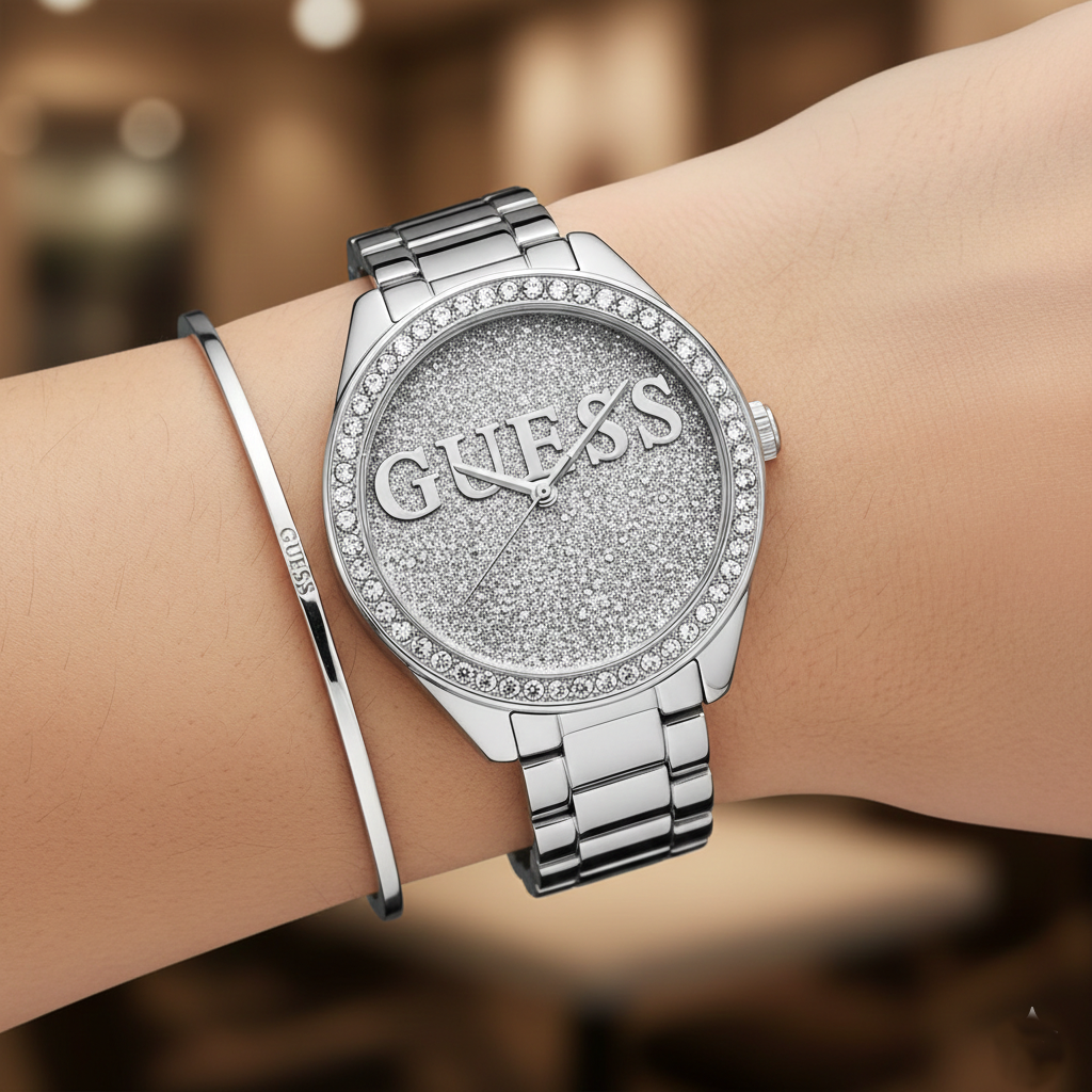 Guess Glitter Girl W0987L1 Silver Case Glitz Logo Dial Steel Women's Watch