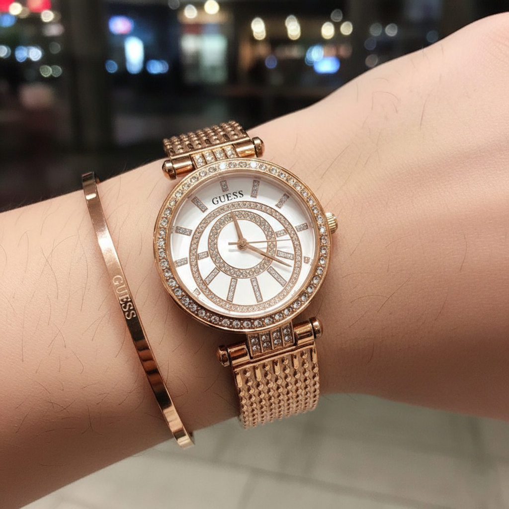 Guess Muse W1008L3 Rose Gold Crystal Dial Mesh Link Women's Watch