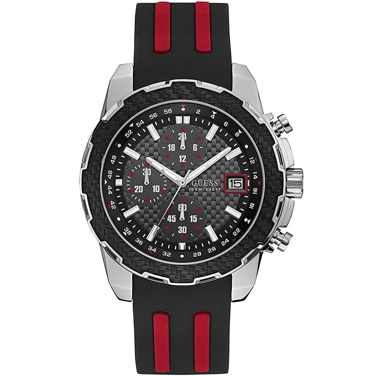 Guess Octane W1047G1 Silver Case Carbon Look Dial Black/Red Rubber Watch
