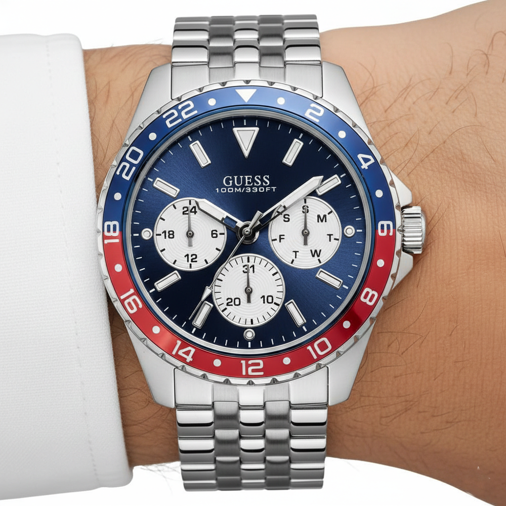 Guess Odyssey W1107G2 Men's Pepsi Bezel Silver Steel Watch