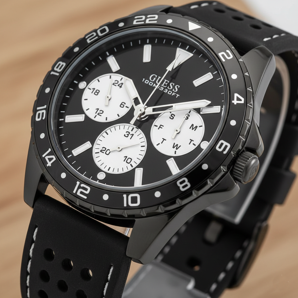 Guess Odyssey W1108G3 Black Case Panda Dial Rubber Strap Men's Watch