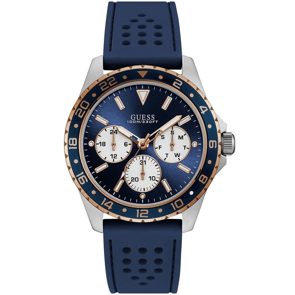 Guess Odyssey W1108G4 Silver/Rose Gold Case Blue Panda Dial Rubber Strap Men's Watch