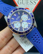 Guess Odyssey W1108G4 Silver/Rose Gold Case Blue Panda Dial Rubber Strap Men's Watch