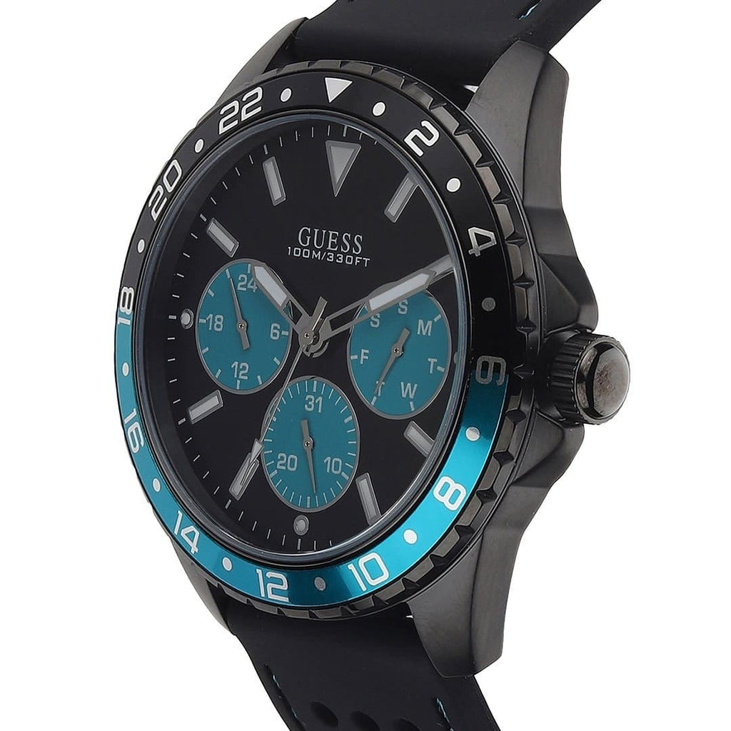 ساعة يد رجالية Guess Odyssey W1108G5 بإطار أسود ولمسات زرقاء وسوار مطاطي
