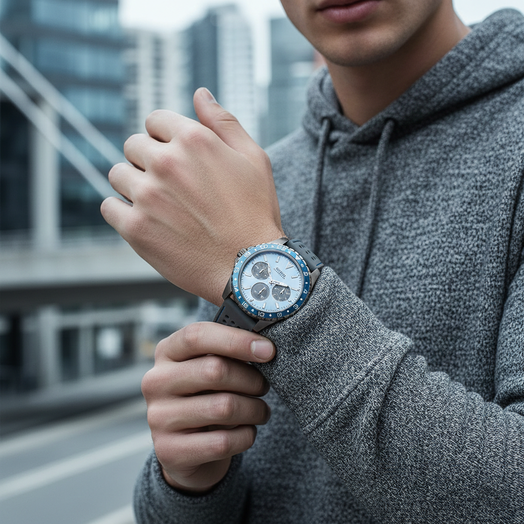 ساعة Guess Odyssey W1108G6 بهيكل بلون رصاصي داكن، ومينا أزرق سماوي، وحزام مطاطي رمادي