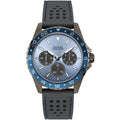 ساعة Guess Odyssey W1108G6 بهيكل بلون رصاصي داكن، ومينا أزرق سماوي، وحزام مطاطي رمادي