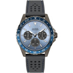 ساعة Guess Odyssey W1108G6 بهيكل بلون رصاصي داكن، ومينا أزرق سماوي، وحزام مطاطي رمادي