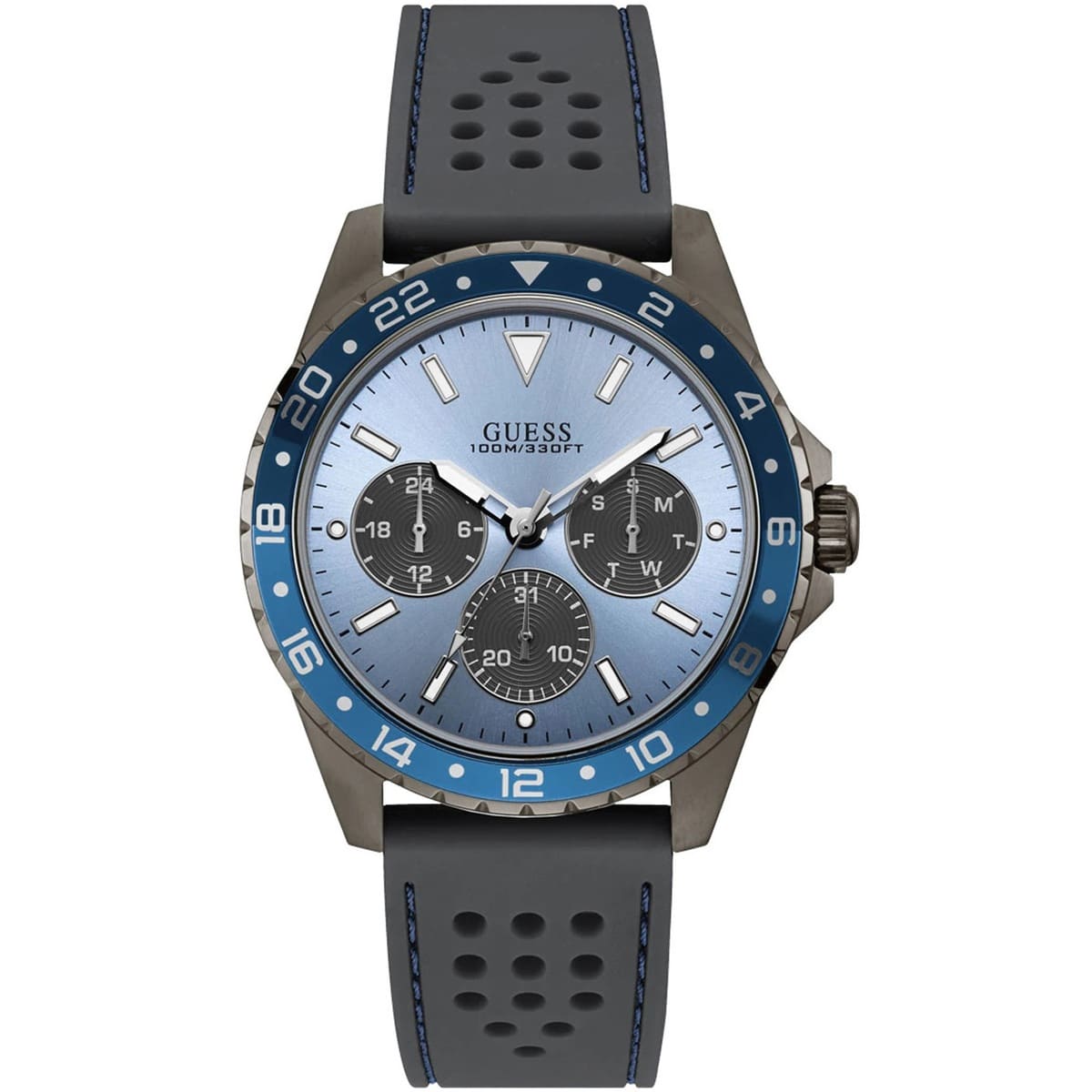 ساعة Guess Odyssey W1108G6 بهيكل بلون رصاصي داكن، ومينا أزرق سماوي، وحزام مطاطي رمادي