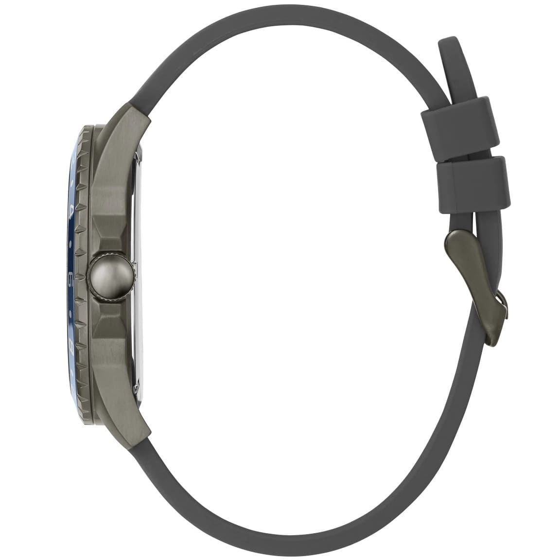 ساعة Guess Odyssey W1108G6 بهيكل بلون رصاصي داكن، ومينا أزرق سماوي، وحزام مطاطي رمادي