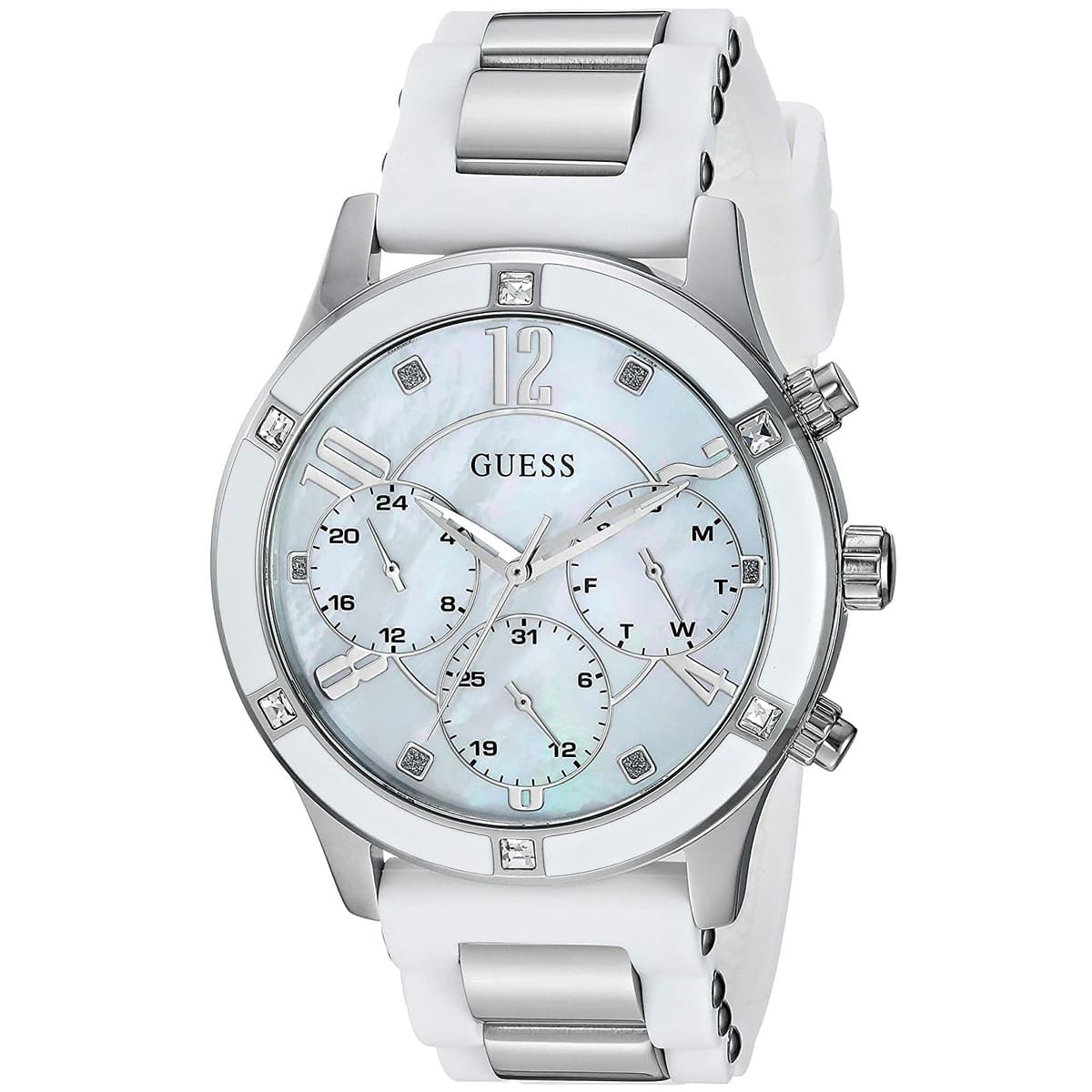 Guess Breeze W1234L1 Silver Case MOP Dial White Silicone & Metal Link Women's Watch