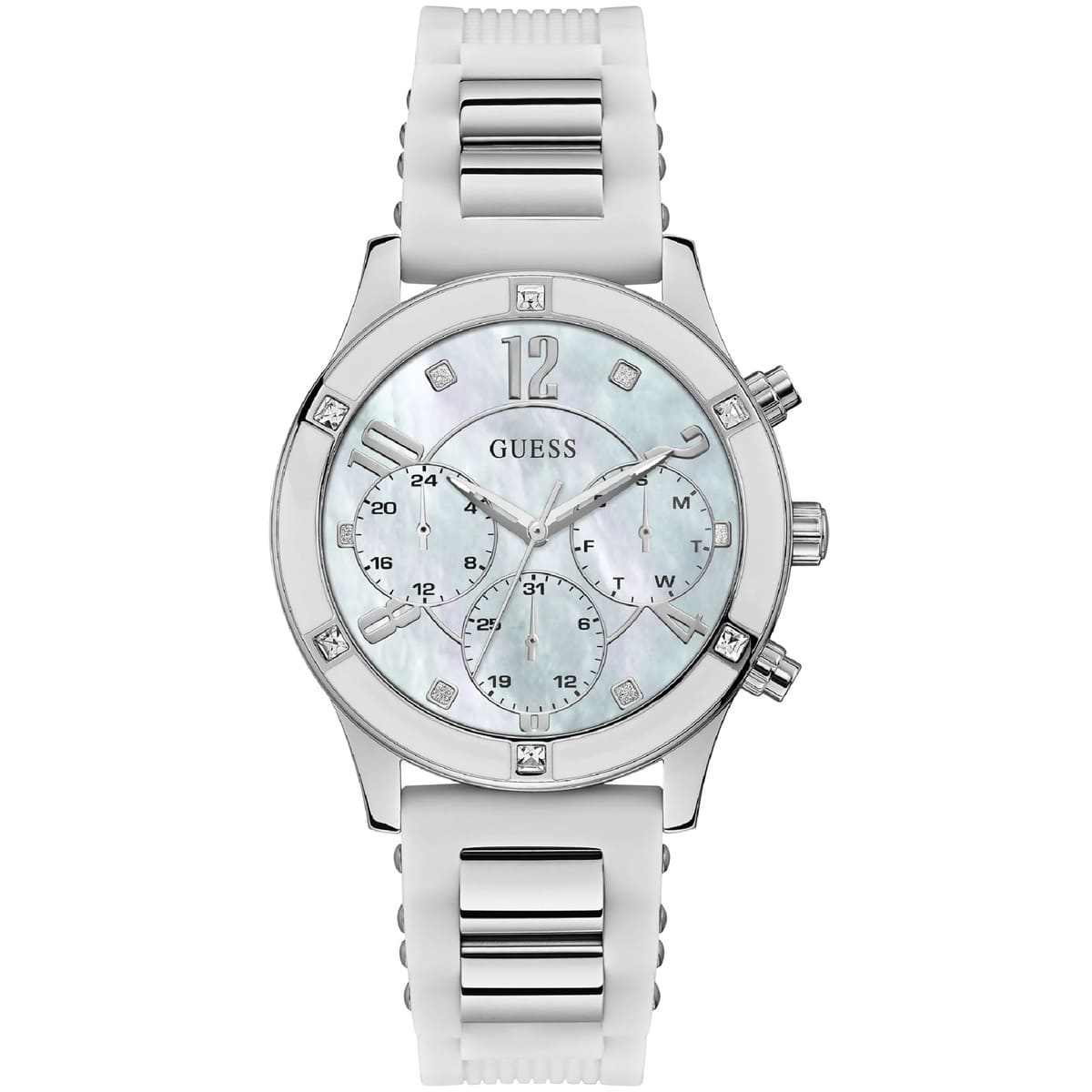 Guess Breeze W1234L1 Silver Case MOP Dial White Silicone & Metal Link Women's Watch