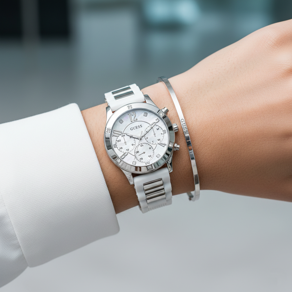 Guess Breeze W1234L1 Silver Case MOP Dial White Silicone & Metal Link Women's Watch