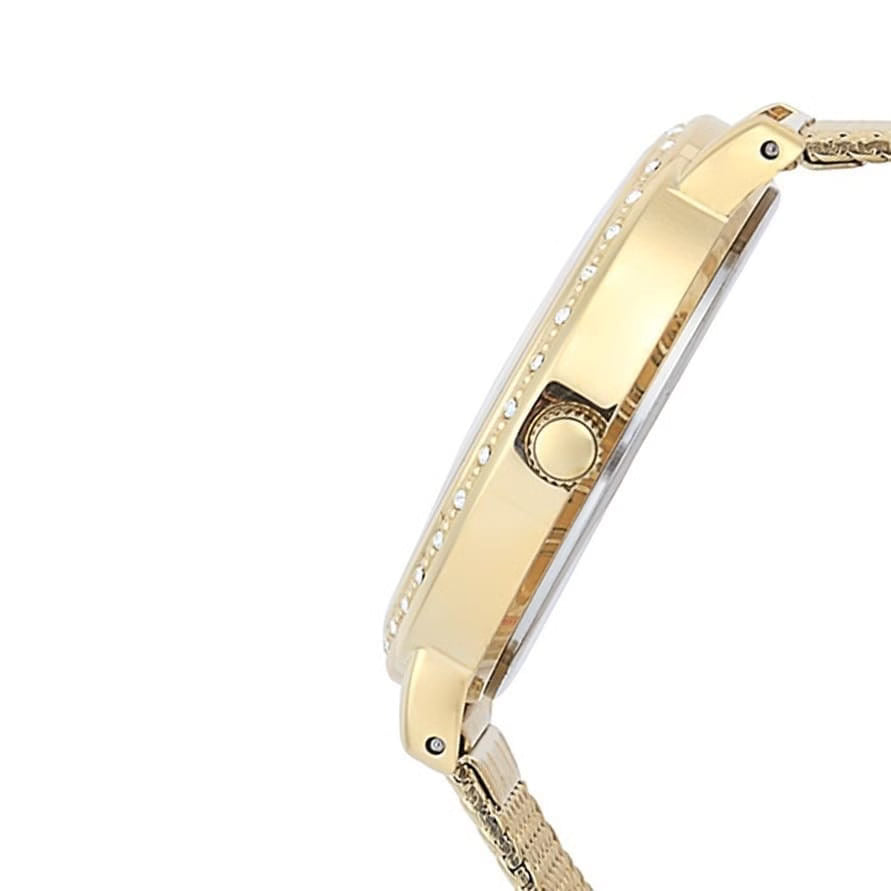 ساعة نسائية Guess Willow W0836L3 ذهبية اللون بإطار كريستالي وسوار شبكي