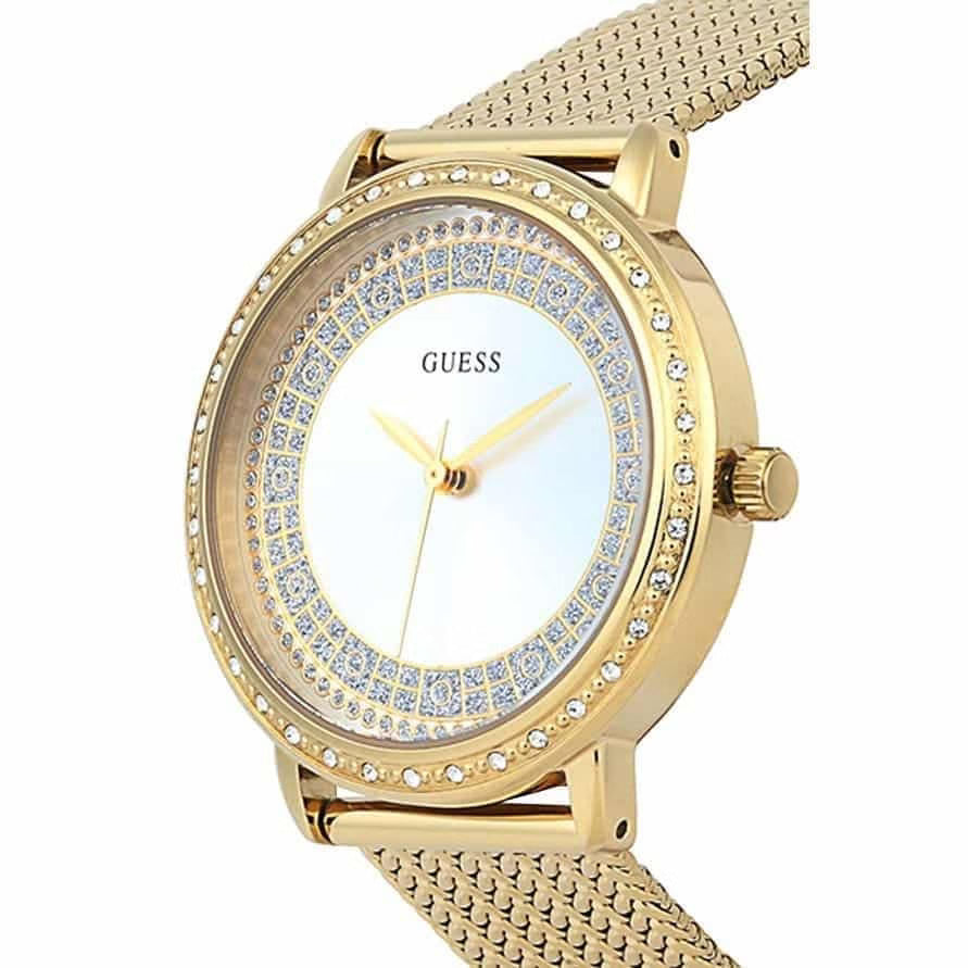ساعة نسائية Guess Willow W0836L3 ذهبية اللون بإطار كريستالي وسوار شبكي