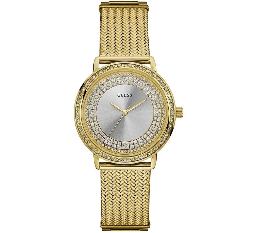 ساعة نسائية Guess Willow W0836L3 ذهبية اللون بإطار كريستالي وسوار شبكي