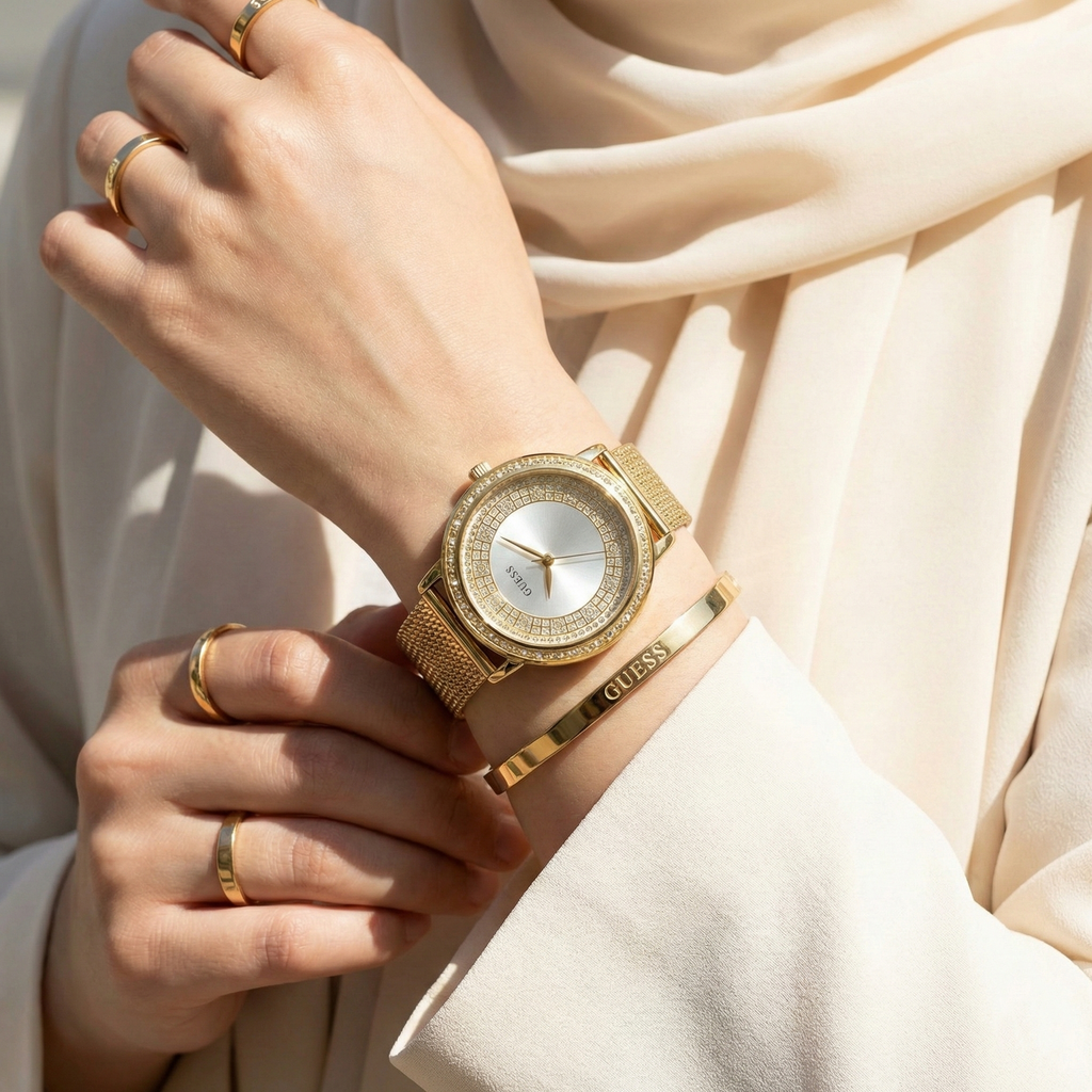 ساعة نسائية Guess Willow W0836L3 ذهبية اللون بإطار كريستالي وسوار شبكي