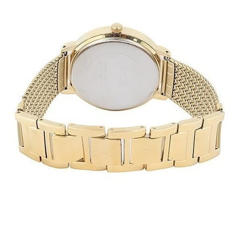 ساعة نسائية Guess Willow W0836L3 ذهبية اللون بإطار كريستالي وسوار شبكي