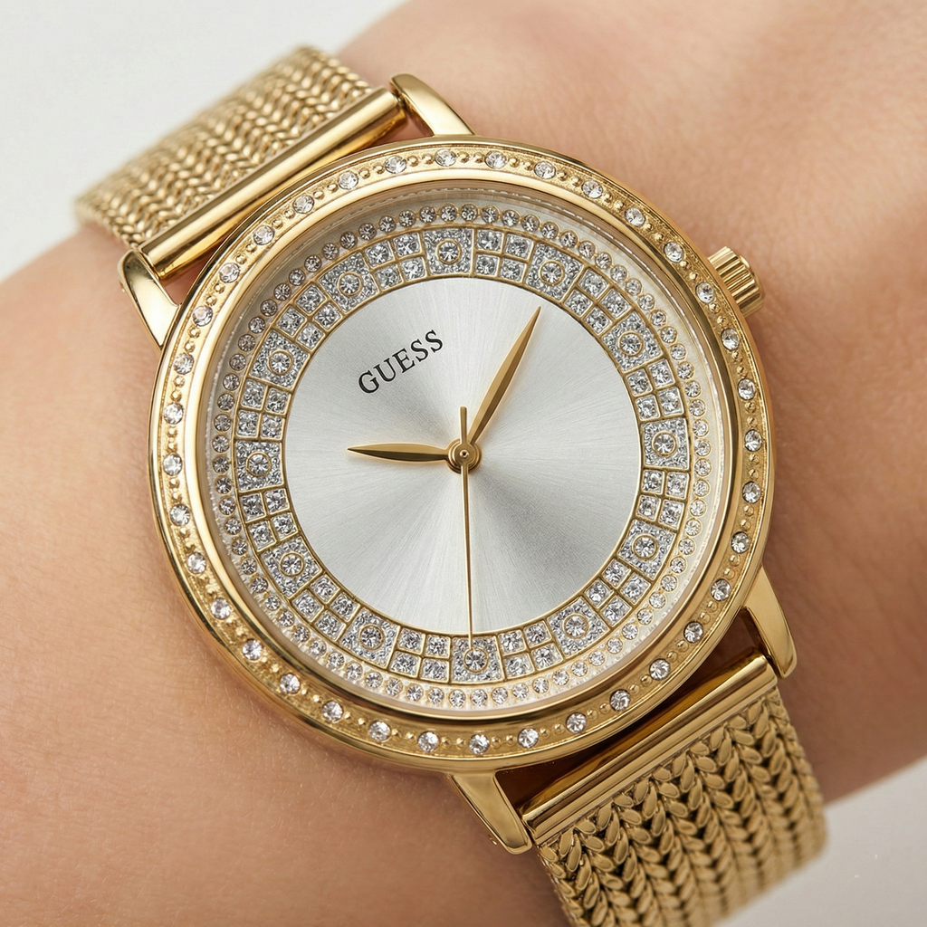 ساعة نسائية Guess Willow W0836L3 ذهبية اللون بإطار كريستالي وسوار شبكي