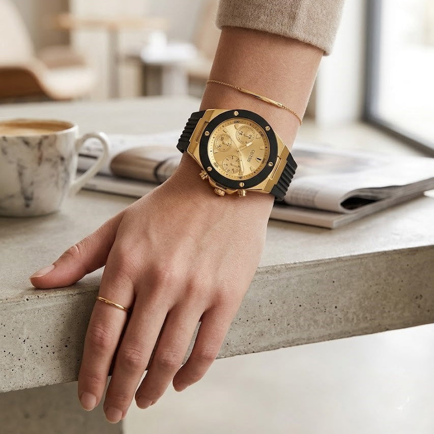 Guess athena Multi-Function GW0030L2 Gold Case Gold Dial Black Rubber Women's Watch