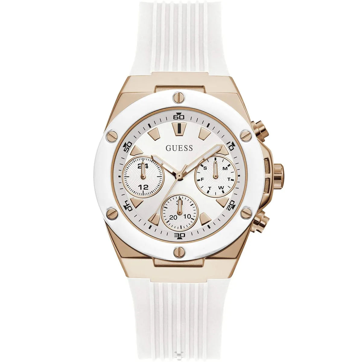 ساعة يد نسائية Guess Athena Multi-Function GW0030L3 Rose Gold White Dial Rubber