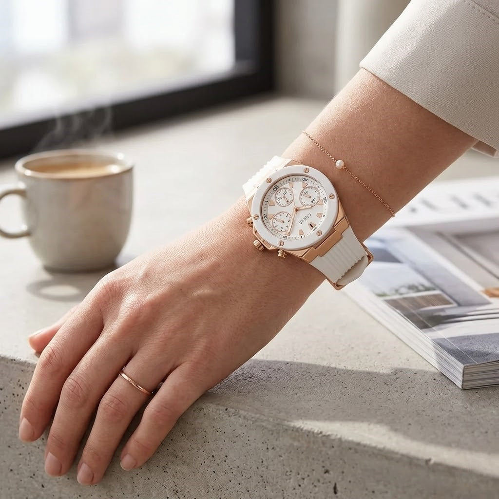 Guess Athena Multi-Function GW0030L3 Rose Gold White Dial Rubber Women's Watch