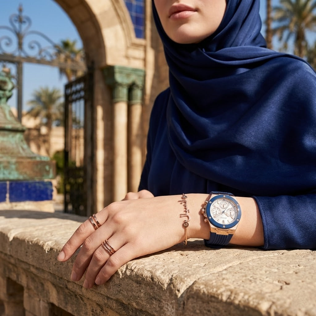 Guess Athena  GW0030L5 Rose Gold Case Silver Dial Blue Rubber Women's Watch