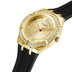 ساعة يد نسائية Guess Cosmo GW0034L1 بهيكل ذهبي ومينا ذهبية وسوار مطاطي أسود