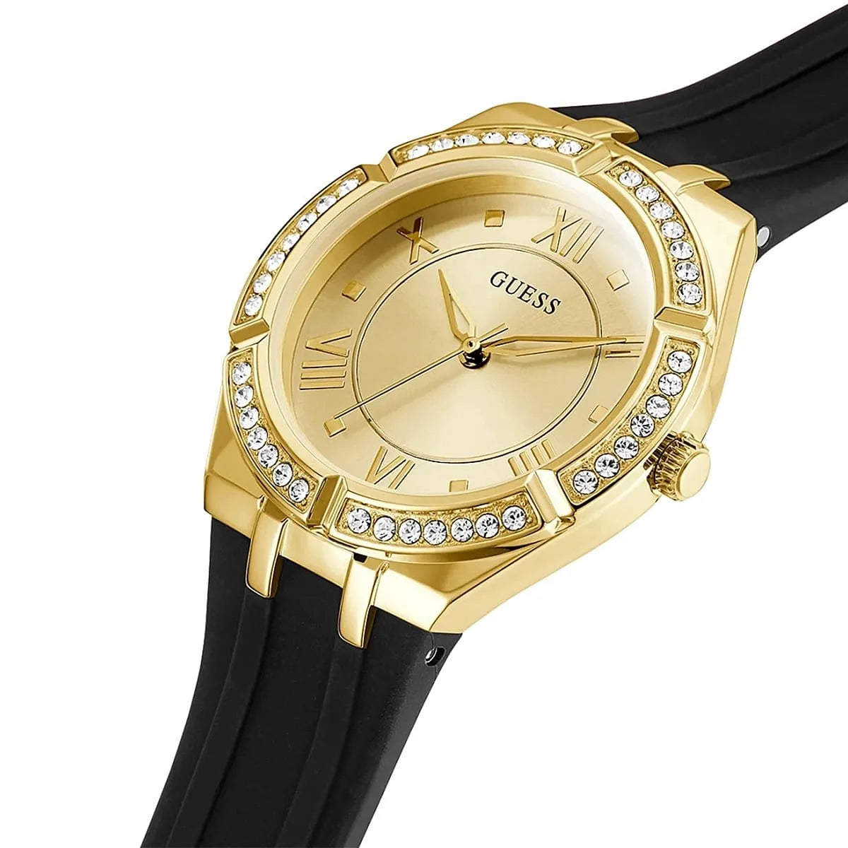 ساعة يد نسائية Guess Cosmo GW0034L1 بهيكل ذهبي ومينا ذهبية وسوار مطاطي أسود