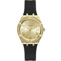 ساعة يد نسائية Guess Cosmo GW0034L1 بهيكل ذهبي ومينا ذهبية وسوار مطاطي أسود
