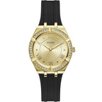 ساعة يد نسائية Guess Cosmo GW0034L1 بهيكل ذهبي ومينا ذهبية وسوار مطاطي أسود