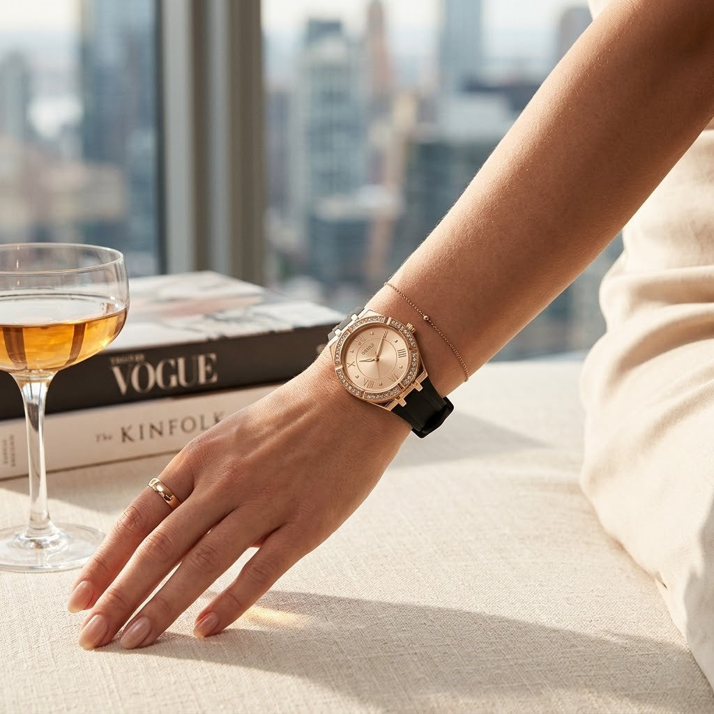 ساعة يد نسائية Guess Cosmo GW0034L1 بهيكل ذهبي ومينا ذهبية وسوار مطاطي أسود