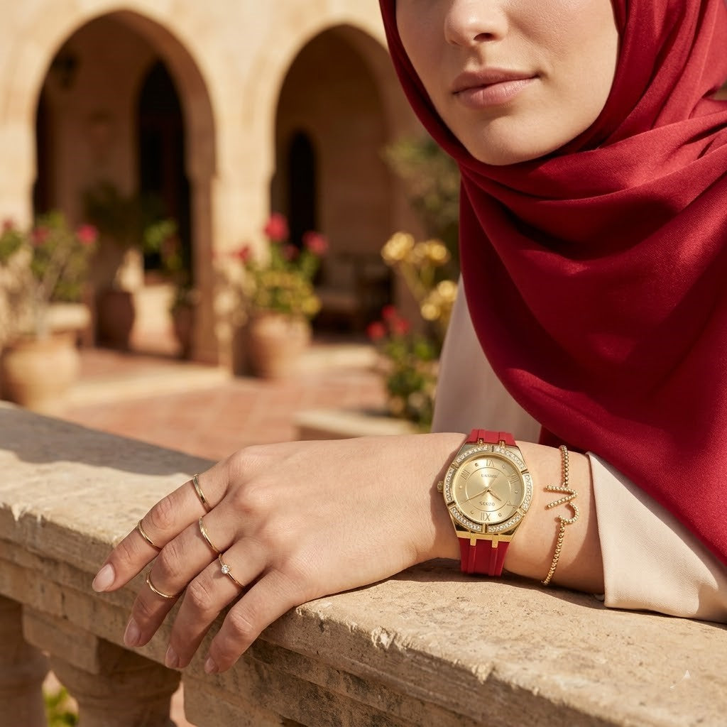 Guess Cosmo GW0034L6 Gold Case Gold Dial Red Rubber Women's Watch