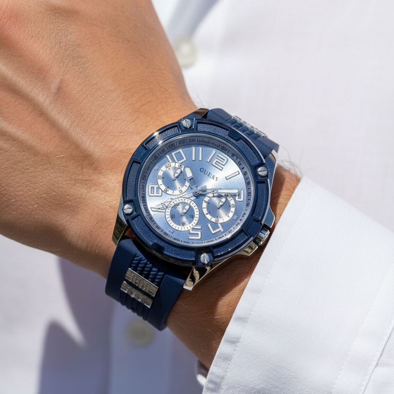 Guess Rig GW0051G4 Silver Tone Case Blue Rubber Strap Watch