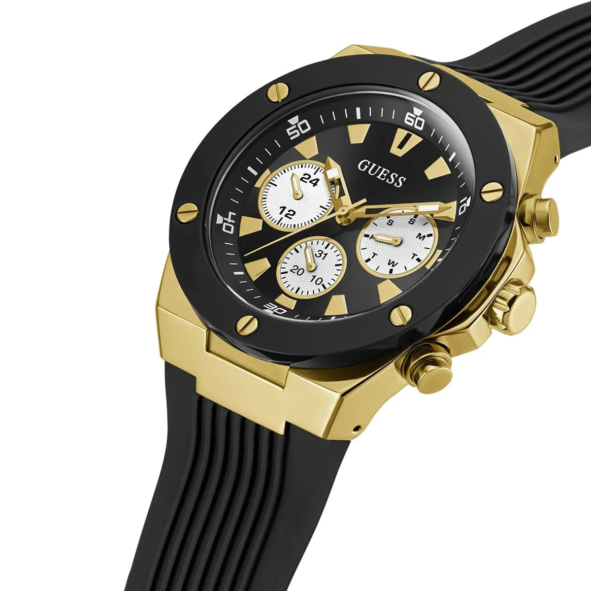 Guess Poseidon Multi-Function GW0057G1 Gold Case Black Dial Black Rubber Men's Watch