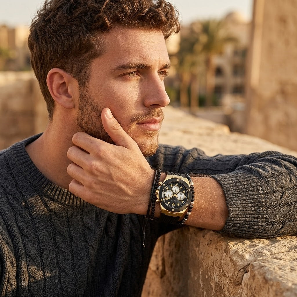 Guess Poseidon Multi-Function GW0057G1 Gold Case Black Dial Black Rubber Men's Watch