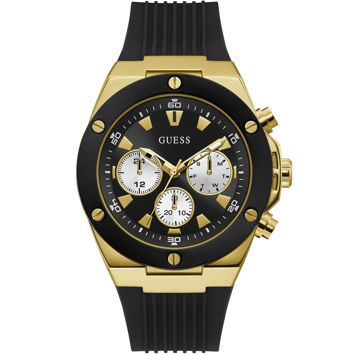 Guess Poseidon Multi-Function GW0057G1 Gold Case Black Dial Black Rubber Men's Watch