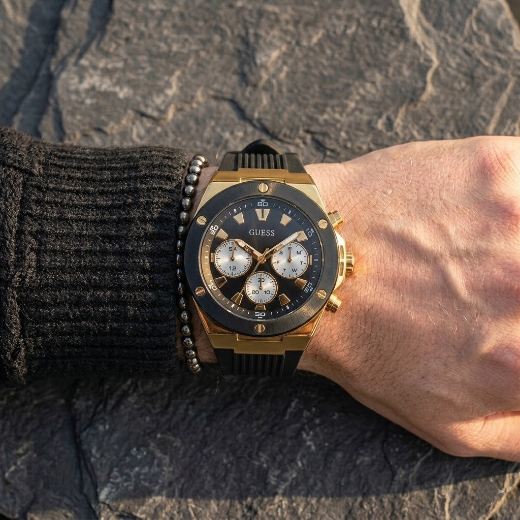 Guess Poseidon Multi-Function GW0057G1 Gold Case Black Dial Black Rubber Men's Watch